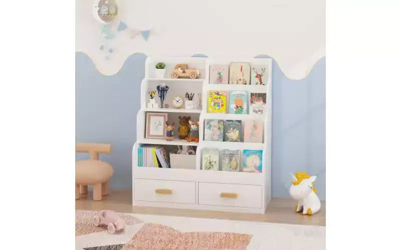 Libreria per bambini con 2 cassetti portaoggetti, libreria a vista frontale e organizer per giocattoli, bianca