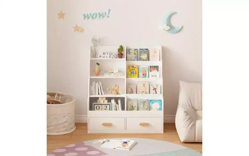 Libreria per bambini con 2 cassetti portaoggetti, libreria a vista frontale e organizer per giocattoli, bianca
