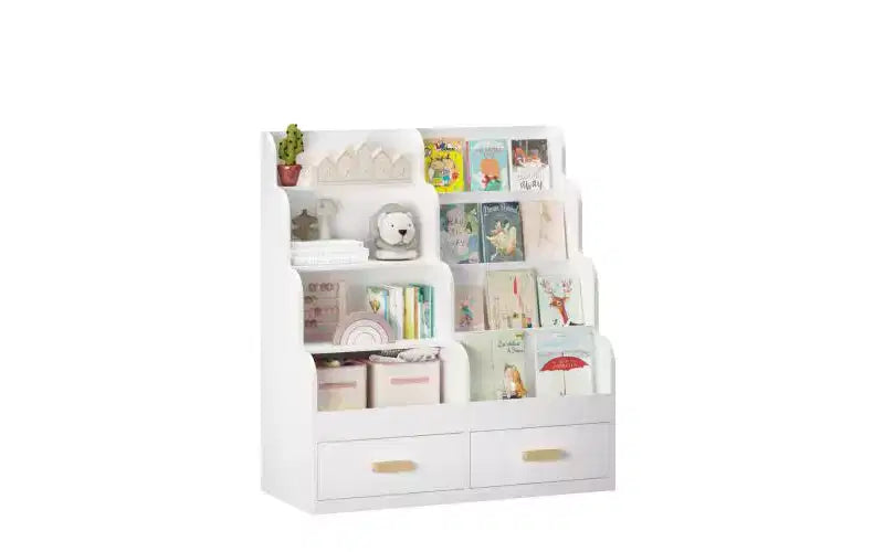 Libreria per bambini con 2 cassetti portaoggetti, libreria a vista frontale e organizer per giocattoli, bianca