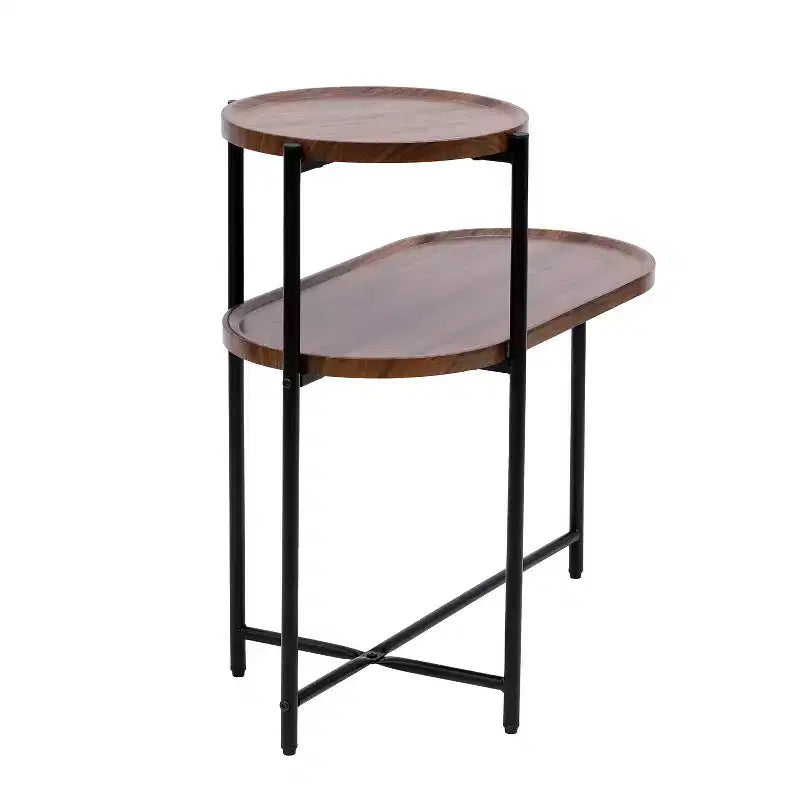 Tavolino da caffè piccolo a 2 ripiani in noce marrone, ripiano portaoggetti in legno, telaio in metallo, tavolino laterale da divano per soggiorno