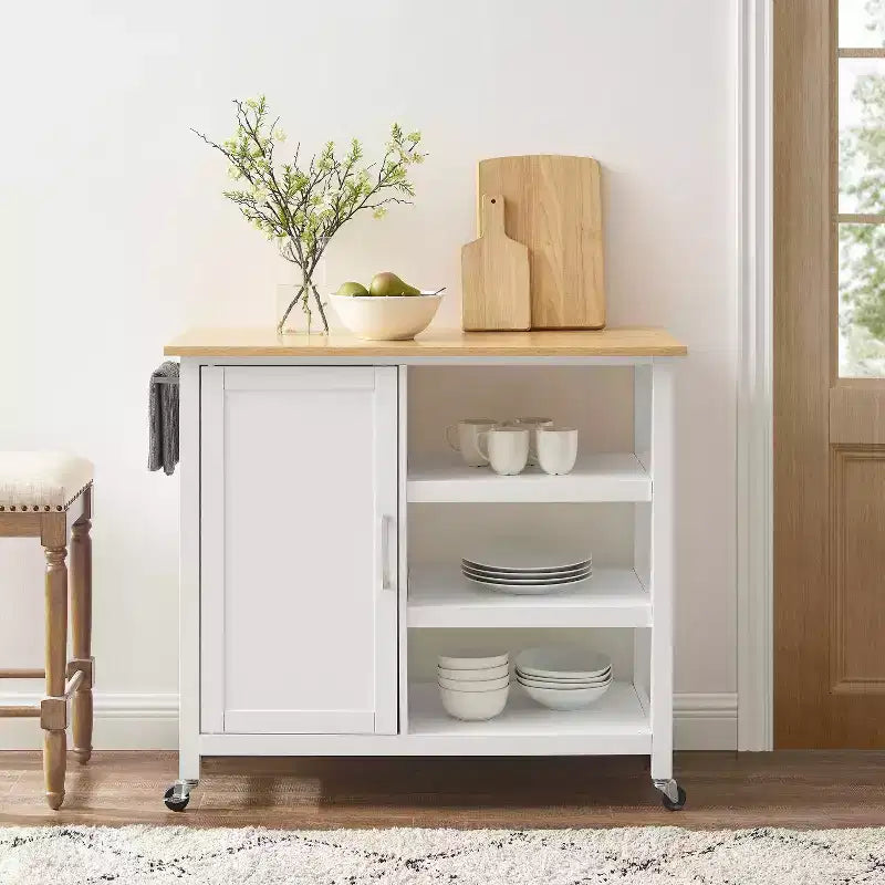 Carrello da Cucina Aperto con Isola - Bianco e Legno Naturale