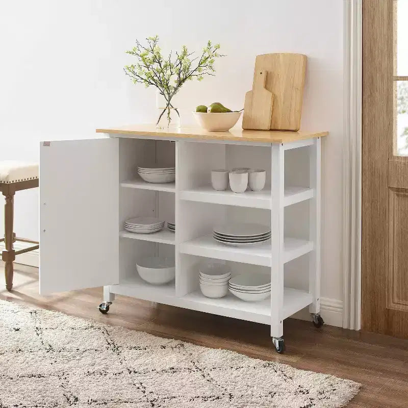 Carrello da Cucina Aperto con Isola - Bianco e Legno Naturale